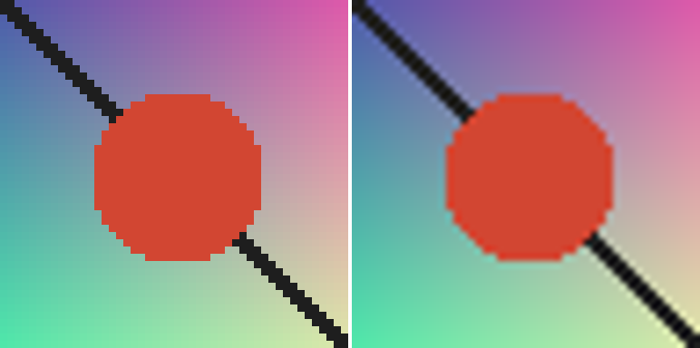 Side by side comparison of a graphic with hard edges at 8x: both sides show stepped edges, the right side renders the background gradient smoothly