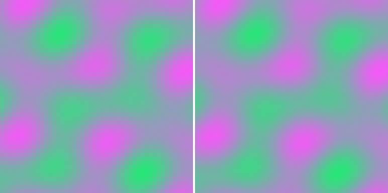 Side by side comparison of smooth color fields at 8x magnification: nearest-neighbor on the left shows visible square blocks, PRISM reconstruction on the right is perfectly smooth